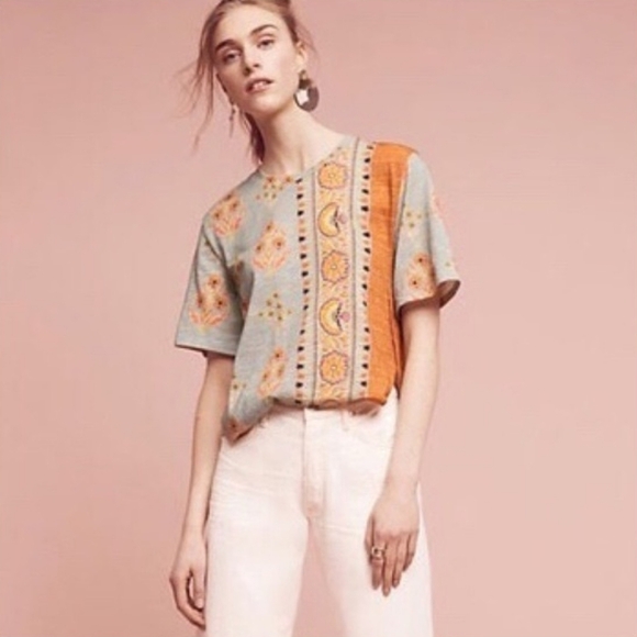 💠Anthropologie POSTMARK Paisley Top Boho Patchwork Short Sleeve Tshirt Size XS - Picture 2 of 13